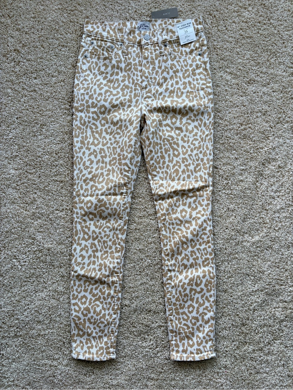 J. Crew 10” High-Rise Toothpick Leopard Print Jeans Perfecting Pockets Size 25
